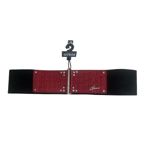 NWT Y2K Vtg Guess Red Faux Leather Black Stretch Wide Width Belt Going Out L XL - Picture 1 of 4